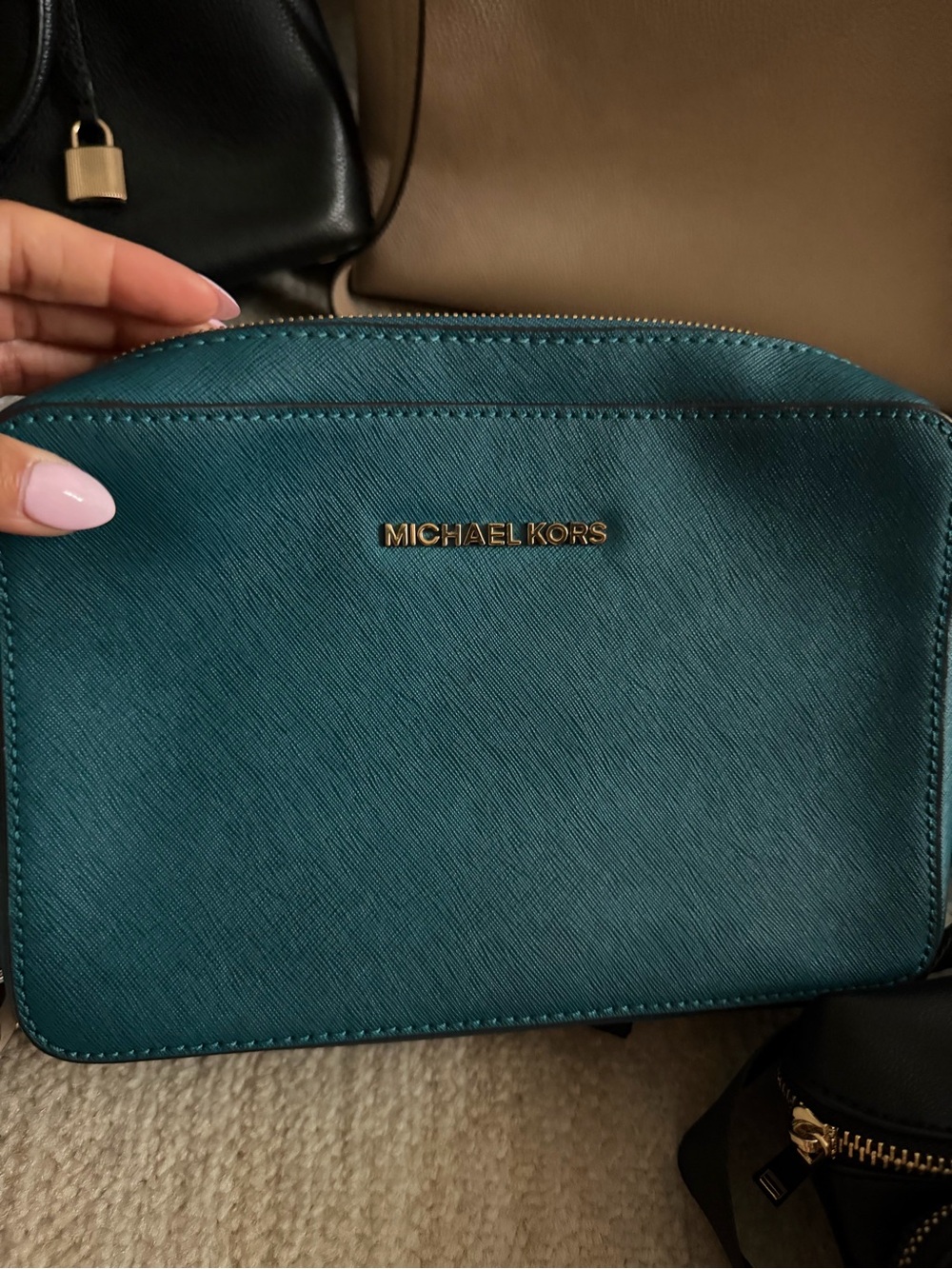 Michael Kors Teal Saffiano Cosmetic Pouch with Gold Logo